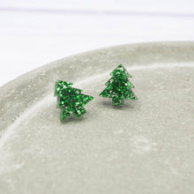 Load image into Gallery viewer, Green glitter Christmas tree studs