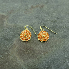 Load image into Gallery viewer, Marigold Orange Flower Drop Hook Earrings, Gold Plated