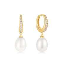 Load image into Gallery viewer, Freshwater Pearl and White Cubic Zirconia Pavé Drop Huggies