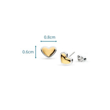 Load image into Gallery viewer, Kit Heath Heart of Gold Stud Earrings — sculpted mini heart in 18ct gold plate with rhodium-plated sterling silver outline, butterfly stud fitting, two-tone finish
