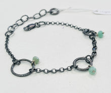 Load image into Gallery viewer, Adele Taylor handmade oxidised sterling silver bracelet with chrysoprase gemstones and hammered rings, made in Sheffield