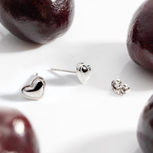 Load image into Gallery viewer, Kit Heath Heart of Gold Stud Earrings — polished rhodium-plated sterling silver sculpted mini heart stud earrings, butterfly back fitting
