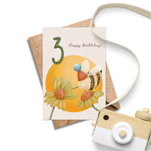 Load image into Gallery viewer, Age 3 Bee Birthday Card - Kids 3rd Birthday Yellow Card.