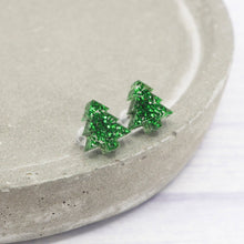 Load image into Gallery viewer, Green glitter Christmas tree studs