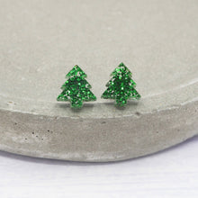 Load image into Gallery viewer, Green glitter Christmas tree studs