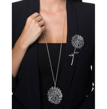 Load image into Gallery viewer, model wearing Hortensia Silver Plated long Pendant | RAS Jewellery | ORA Gallery Sheffield