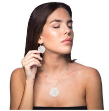 Load image into Gallery viewer, model wearing Hortensia Silver Plated short Pendant | RAS Jewellery | ORA Gallery Sheffield