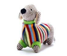Load image into Gallery viewer, KNITTED SAUSAGE DOG WITH STRIPED JUMPER TOY