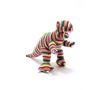Load image into Gallery viewer, T REX KNITTED DINOSAUR SOFT TOY RAINBOW STRIPE