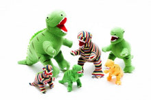 Load image into Gallery viewer, T REX KNITTED DINOSAUR SOFT TOY RAINBOW STRIPE