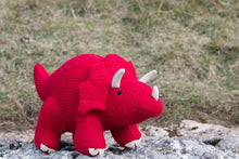 Load image into Gallery viewer, TRICERATOPS KNITTED DINOSAUR SOFT TOY RED
