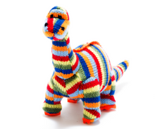 Load image into Gallery viewer, DIPLODOCUS KNITTED DINOSAUR SOFT TOY RAINBOW STRIPE