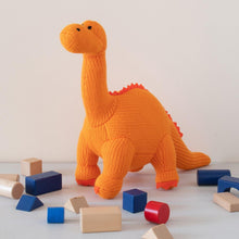 Load image into Gallery viewer, ORANGE DIPLODOCUS, KNITTED DINOSAUR SOFT Rattle