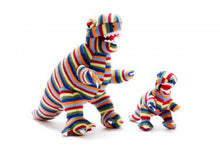 Load image into Gallery viewer, T REX KNITTED DINOSAUR SOFT TOY RAINBOW STRIPE