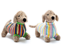 Load image into Gallery viewer, KNITTED SAUSAGE DOG WITH STRIPED JUMPER TOY