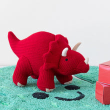 Load image into Gallery viewer, TRICERATOPS KNITTED DINOSAUR SOFT TOY RED