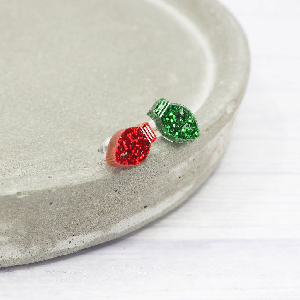 Green and Red glitter mismatch Christmas light bulb studs