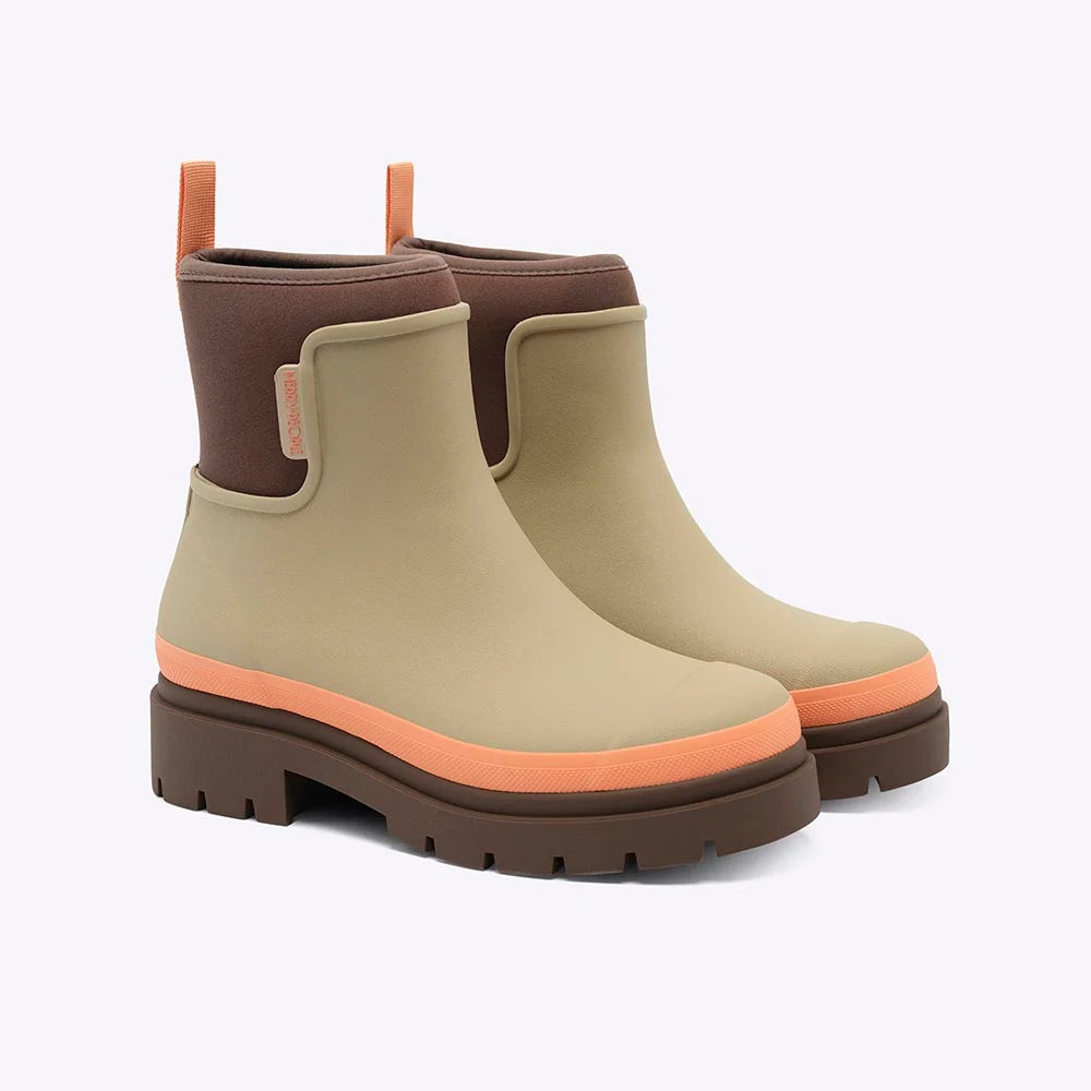 Merry People Tully wellington boot in Taupe & Apricot, angled view