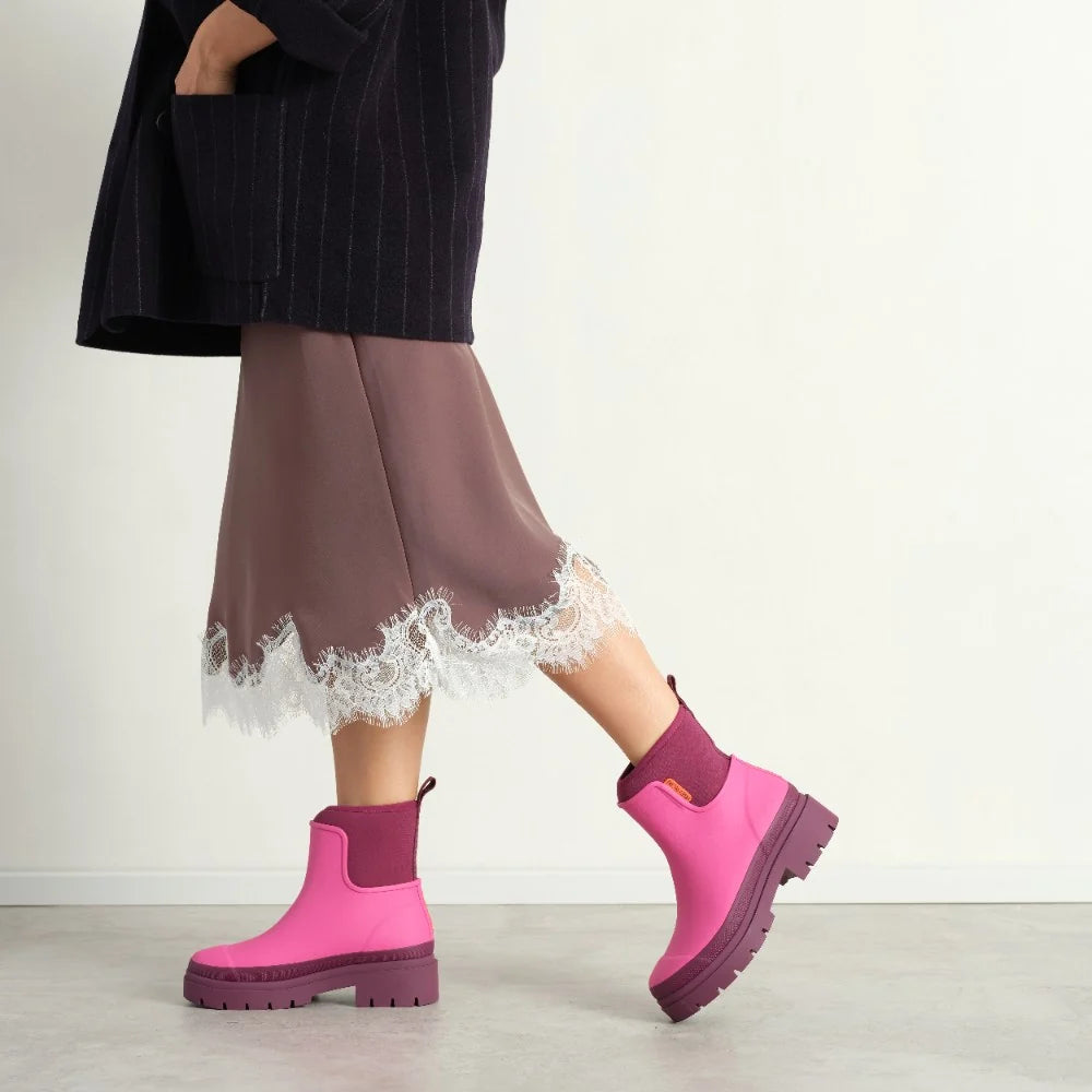 Merry People Tully wellington boot in Mixed Berry, worn on body
