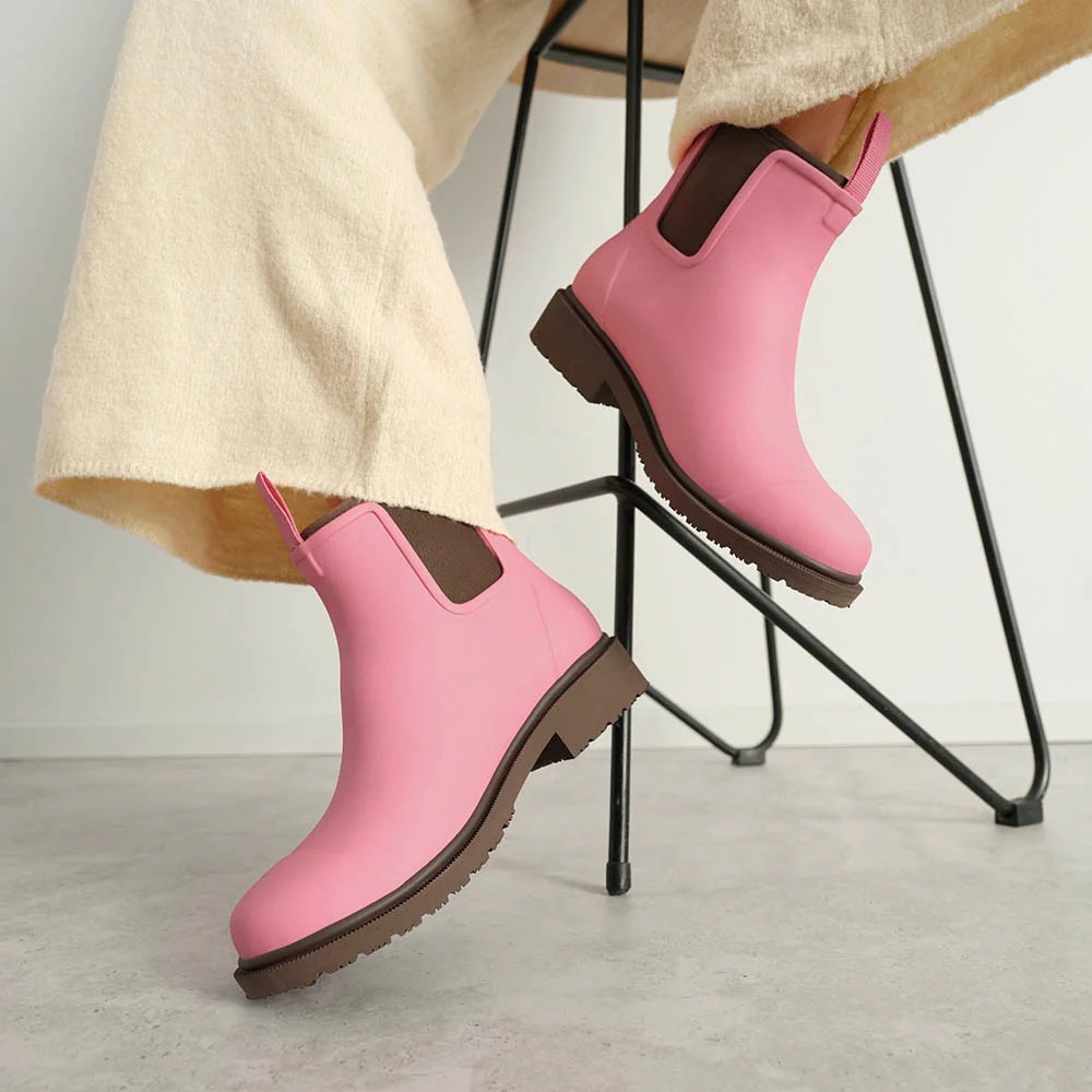 Merry People Bobbi wellington boot in Musk Pink, worn on body