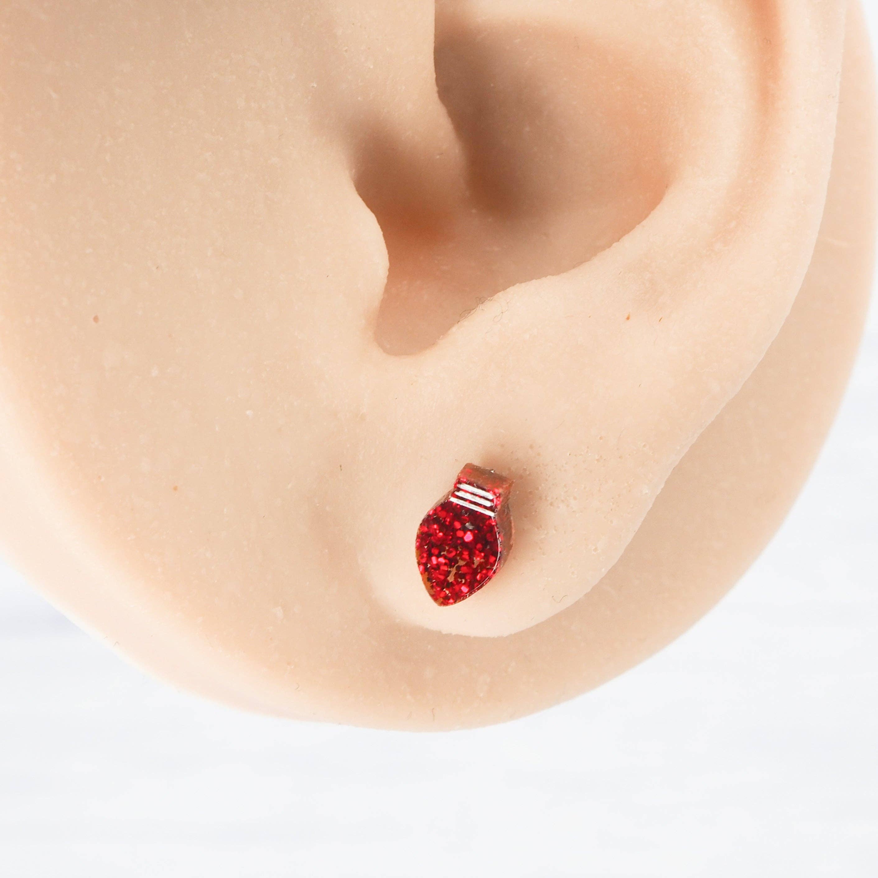Green and Red glitter mismatch Christmas light bulb studs