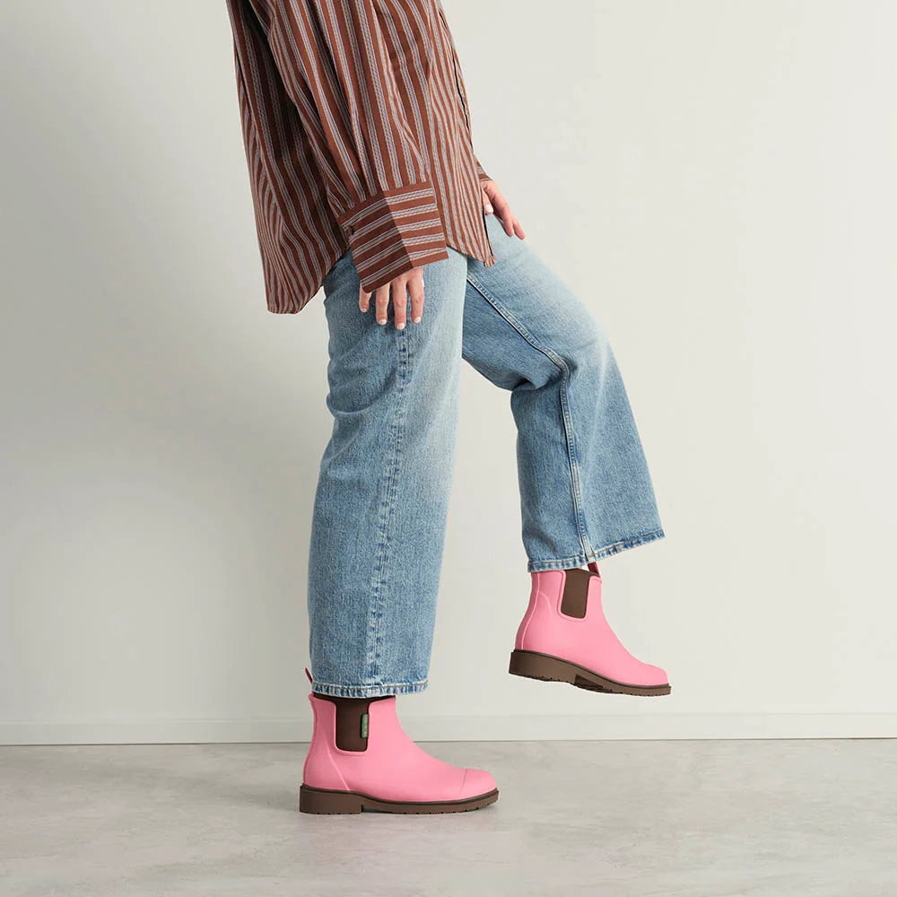 Merry People Bobbi wellington boot in Musk Pink, worn on body