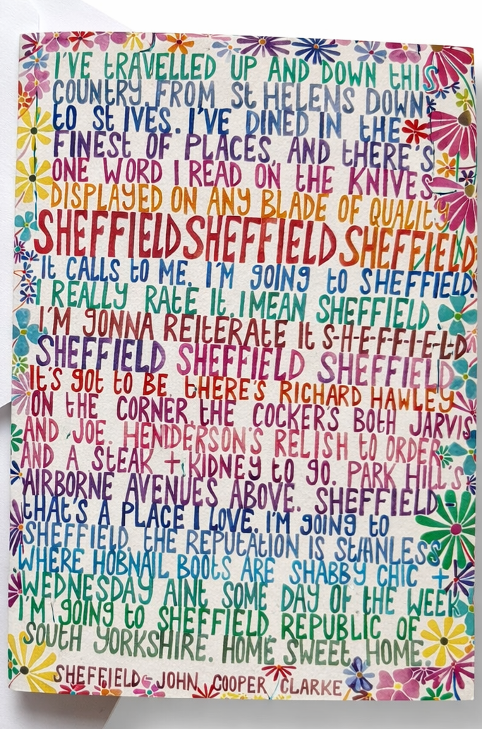 A6 John Cooper Clarke “Sheffield” poem greetings card