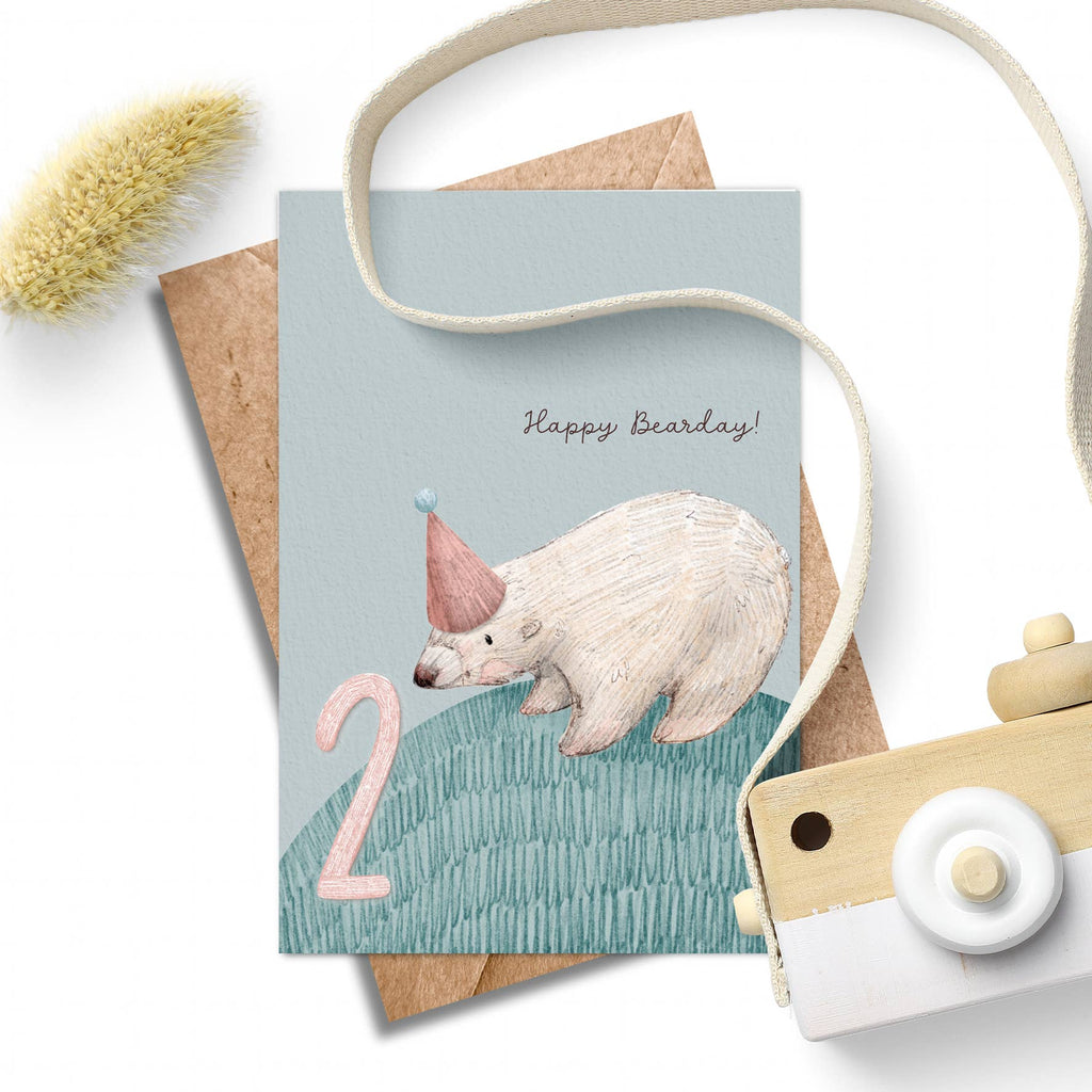 Age 2 Bear Birthday Card - Kids 2nd Birthday.