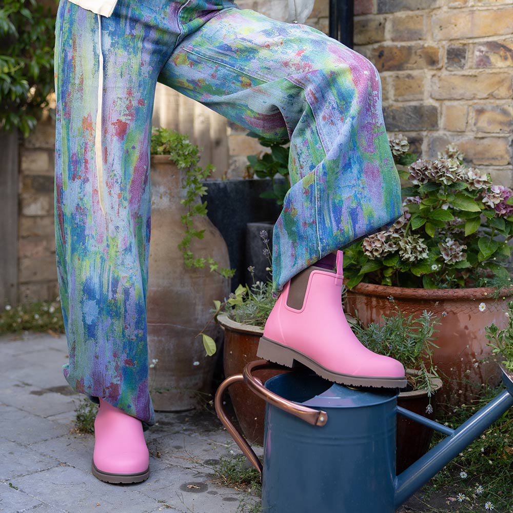 Merry People Bobbi wellington boot in Musk Pink, lifestyle photo