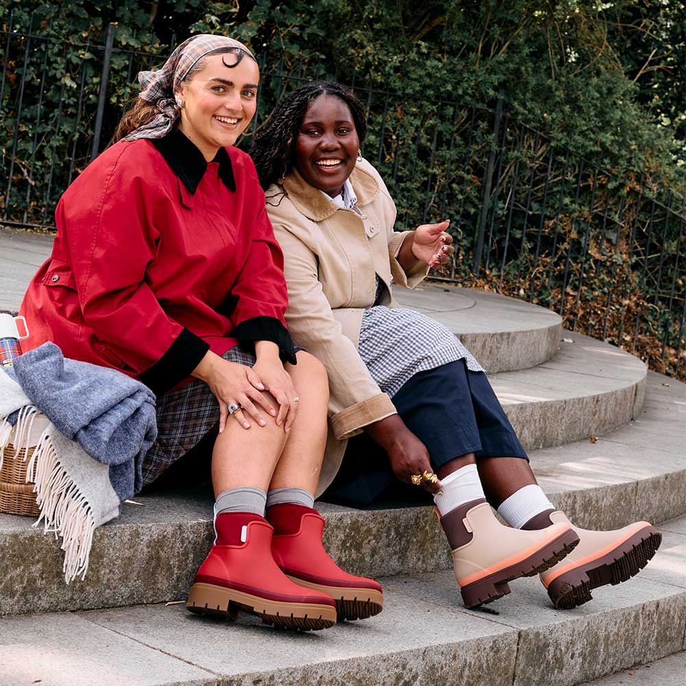 Merry People Tully wellington boot in Taupe & Apricot, lifestyle photo