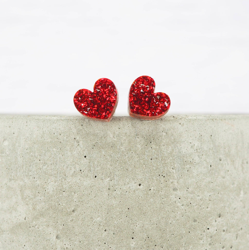 Red glitter small heart acrylic studs