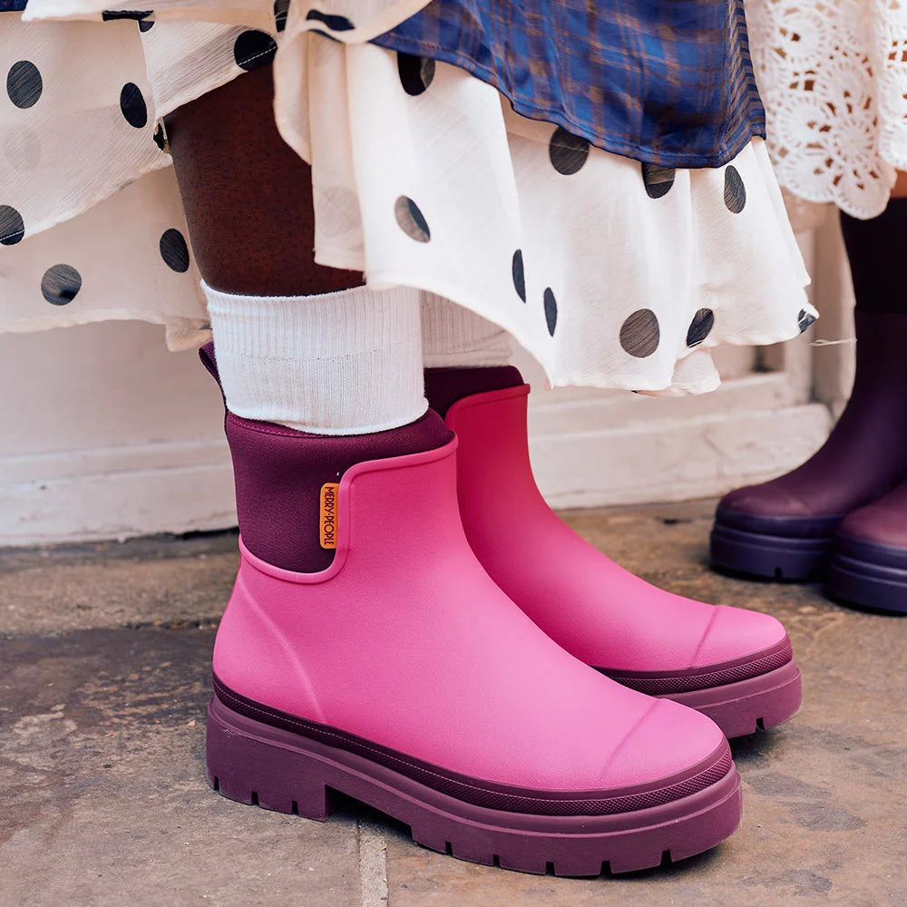 Merry People Tully wellington boot in Mixed Berry, lifestyle photo
