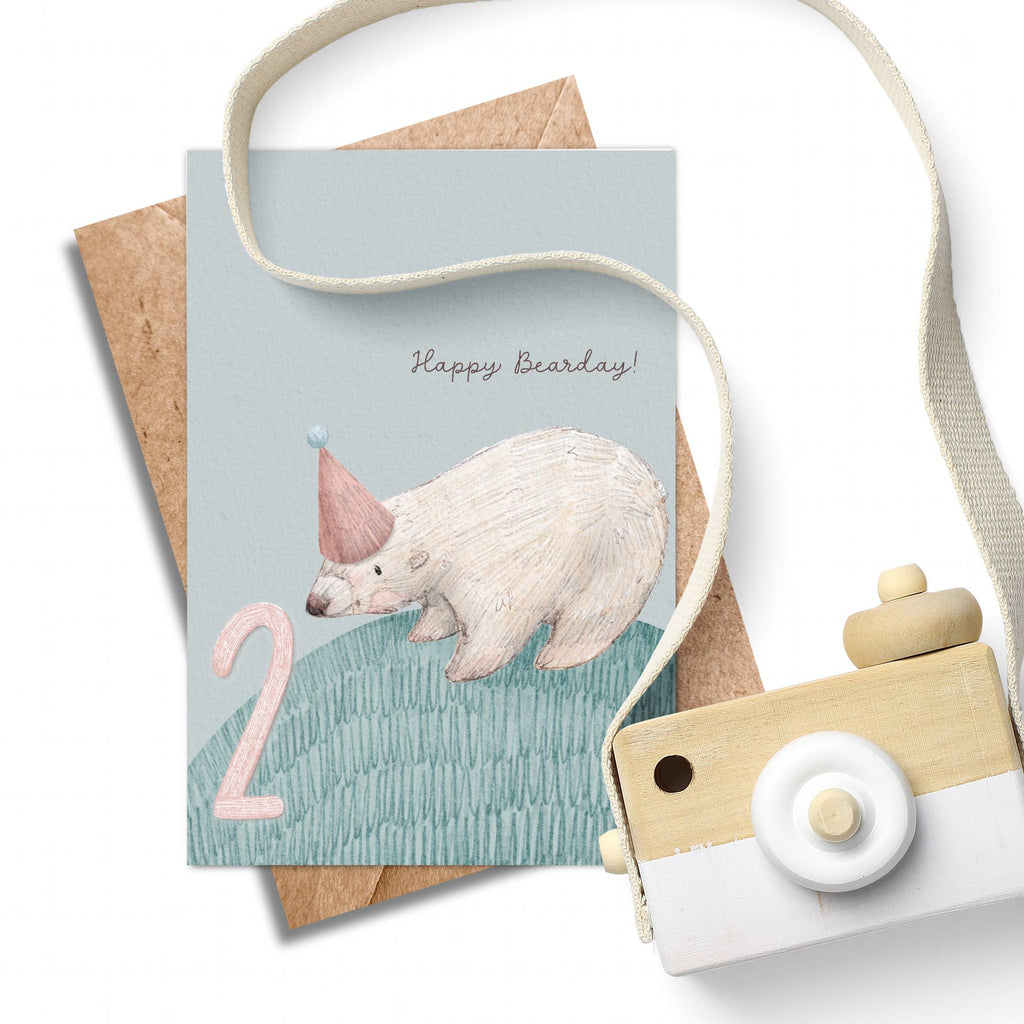 Age 2 Bear Birthday Card - Kids 2nd Birthday.