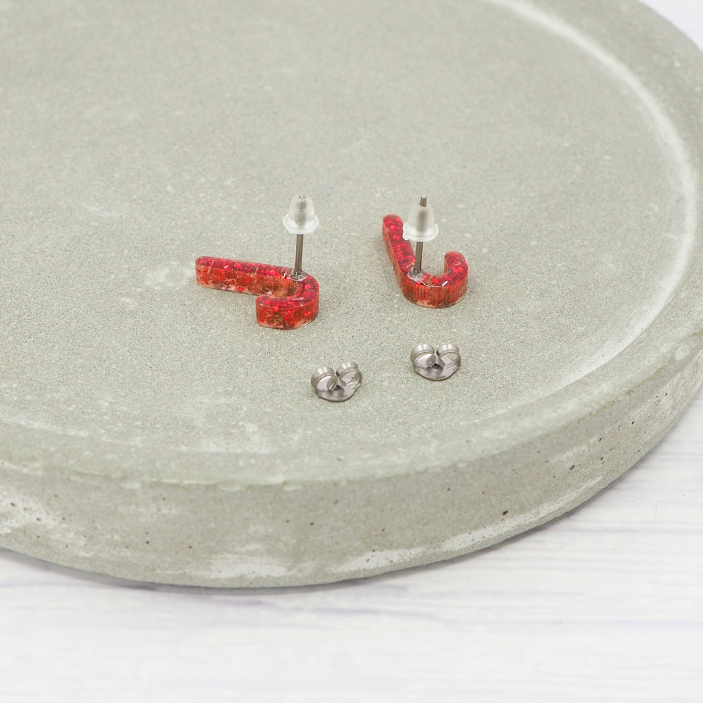 Red glitter candy cane Christmas studs