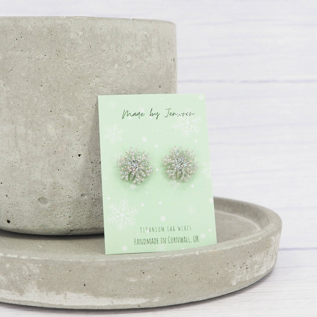 Holographic glitter snowflake small studs