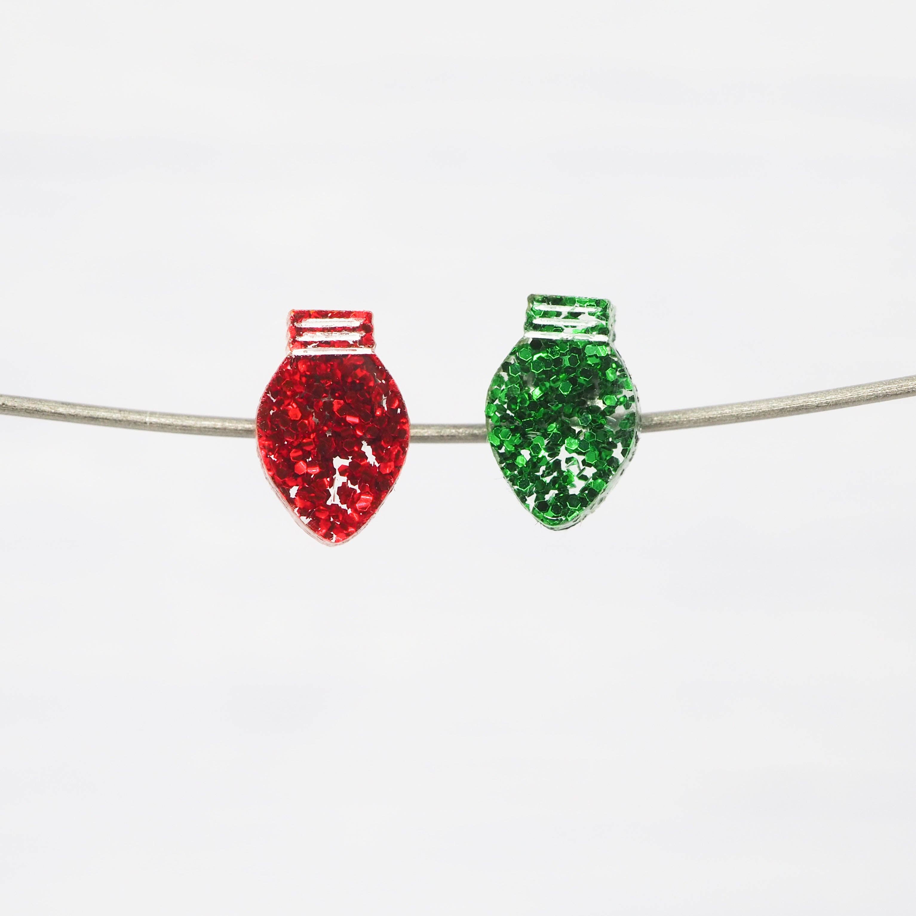 Green and Red glitter mismatch Christmas light bulb studs