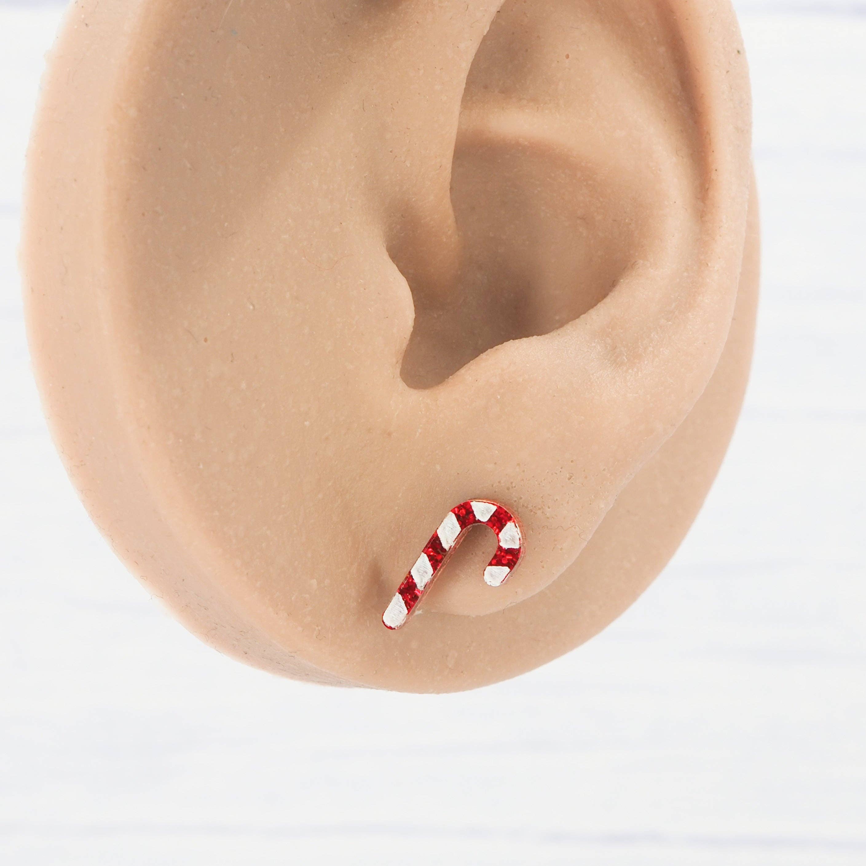 Red glitter candy cane Christmas studs
