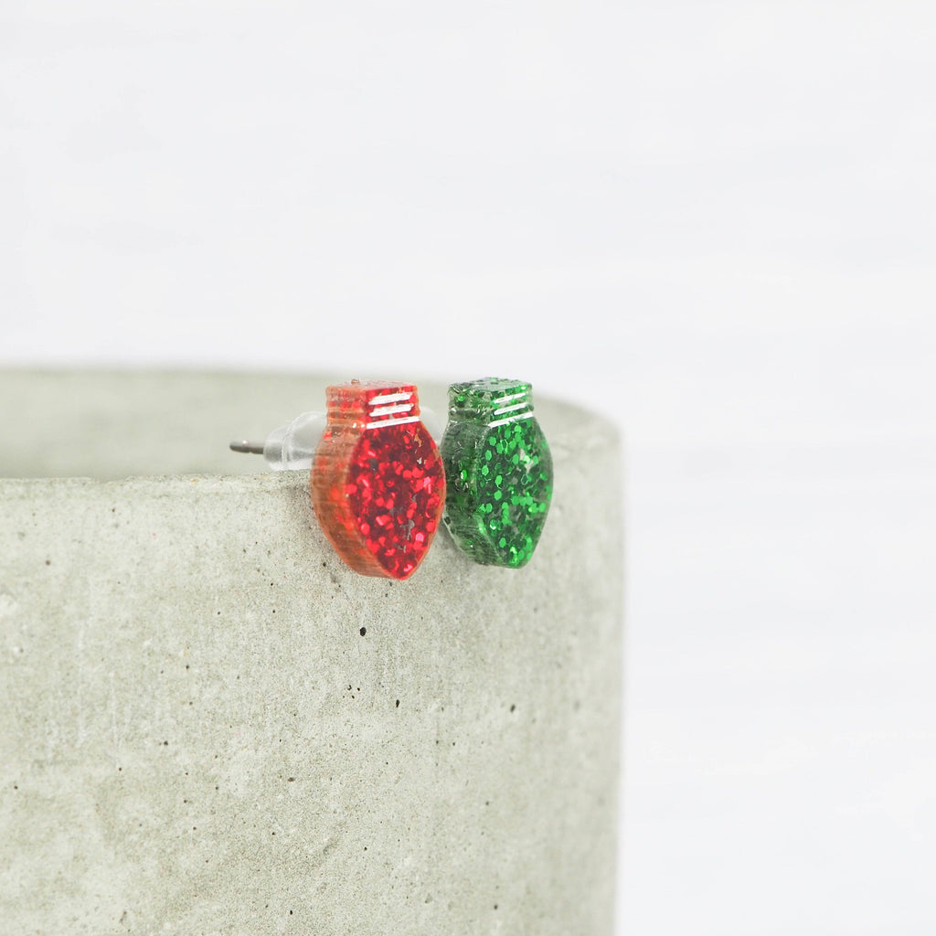 Green and Red glitter mismatch Christmas light bulb studs