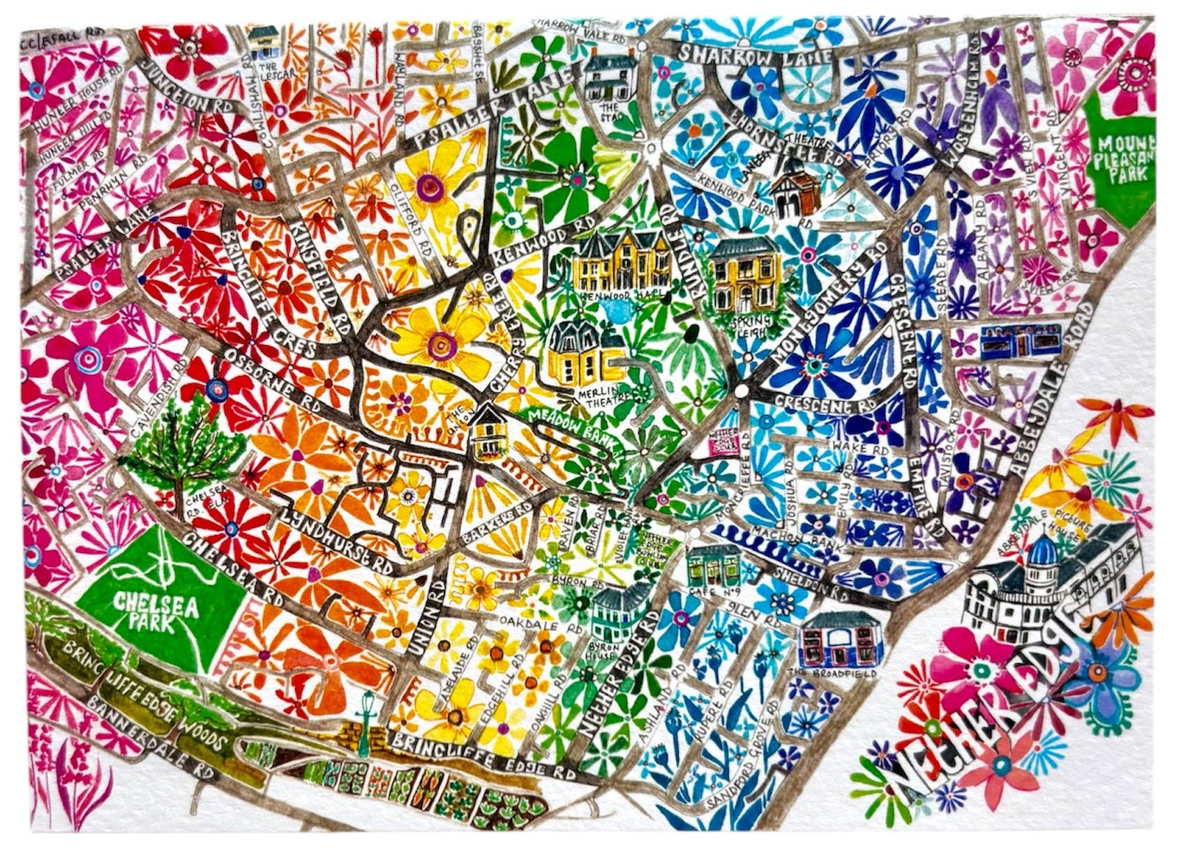 Nether Edge Sheffield map a6 hand painted greetings card