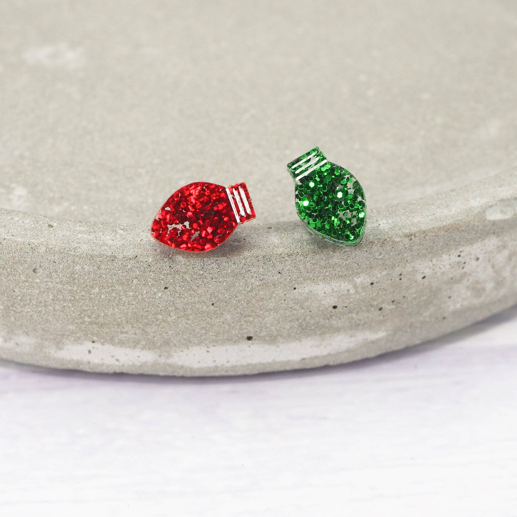 Green and Red glitter mismatch Christmas light bulb studs