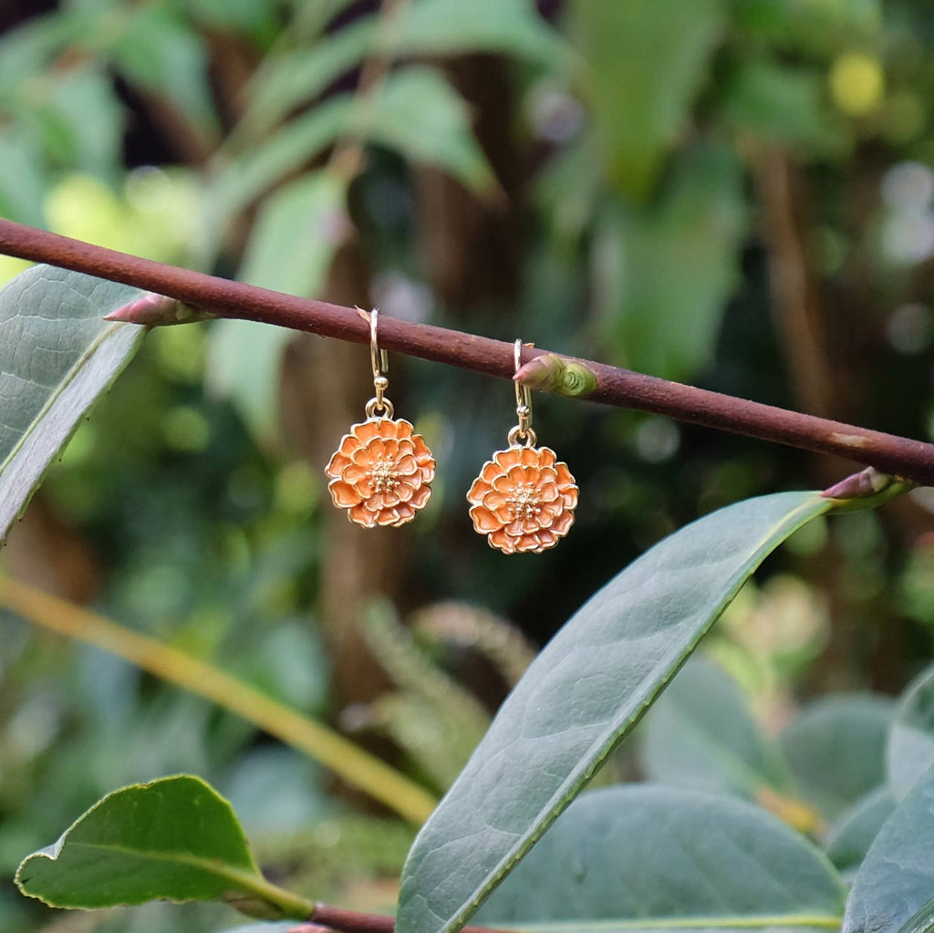 Marigold Orange Flower Drop Hook Earrings, Gold Plated
