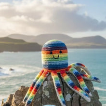 Load image into Gallery viewer, Fair Trade Crochet Bright Octopus Baby Rattle Organic Cotton
