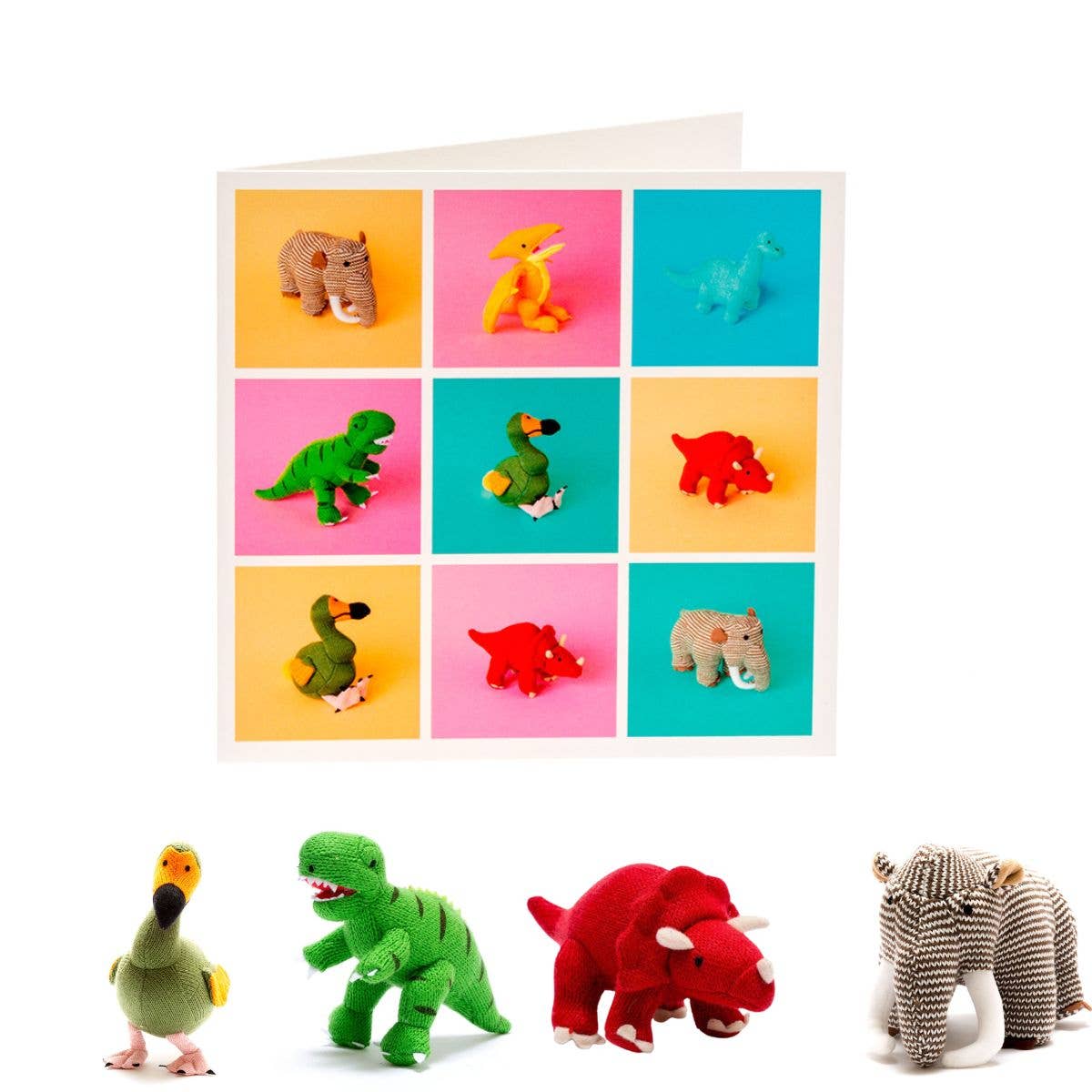 Knitted Dinosaur Toys in Grid Pattern Greetings Card