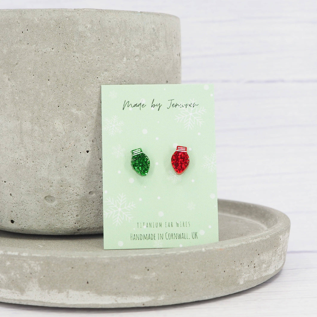 Green and Red glitter mismatch Christmas light bulb studs