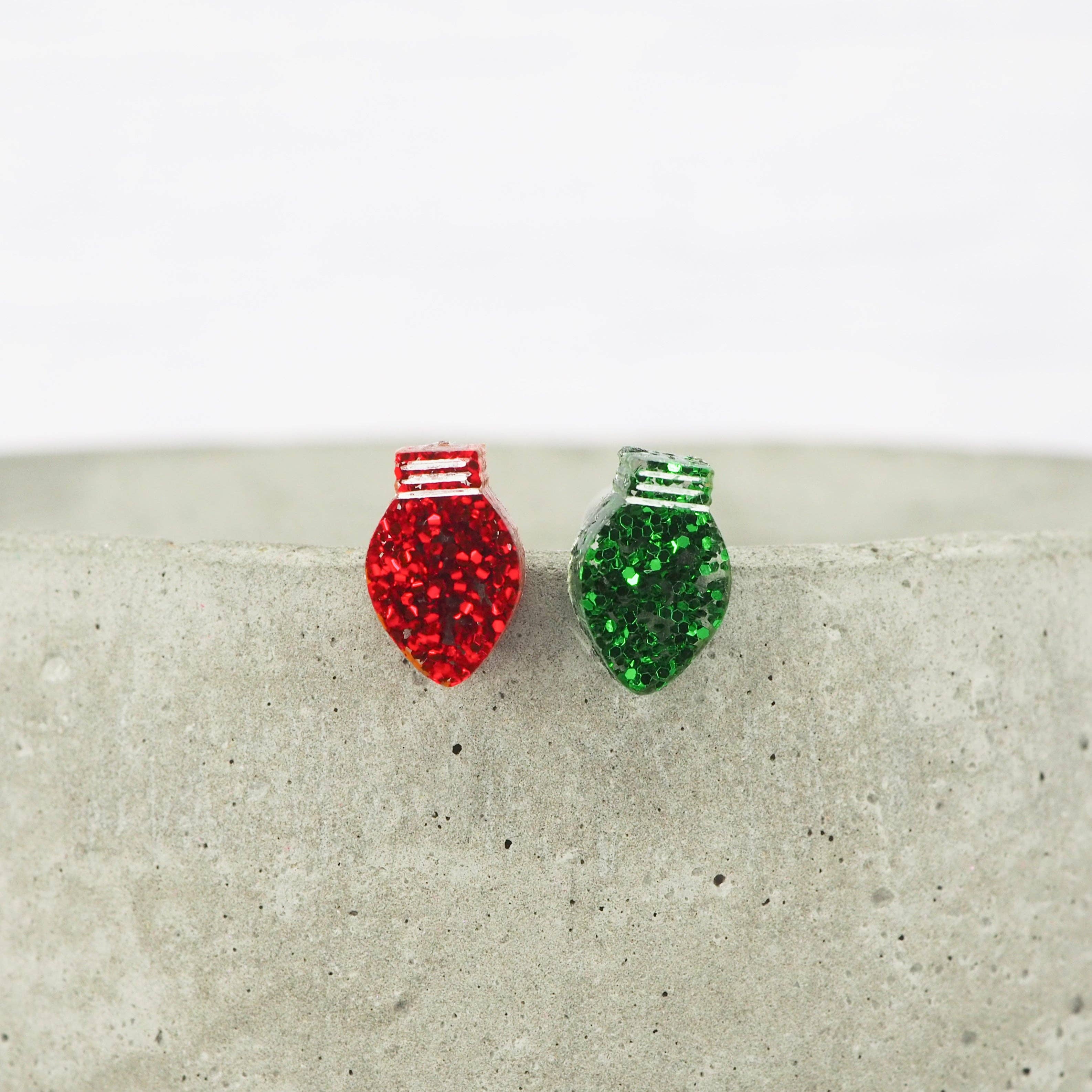 Green and Red glitter mismatch Christmas light bulb studs