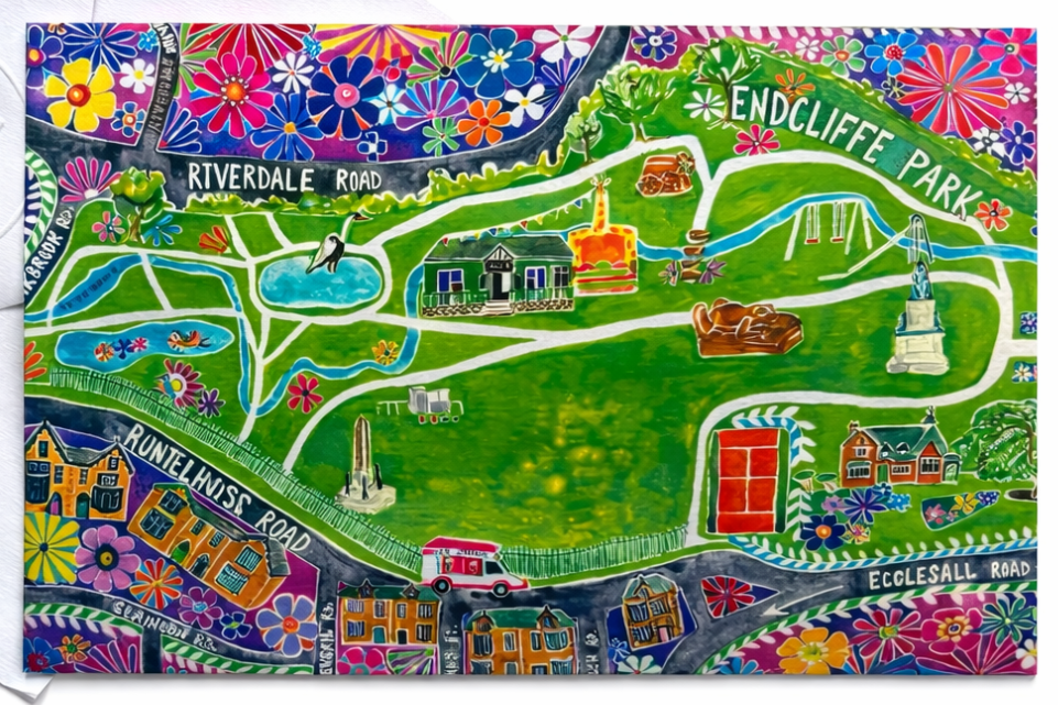 Endcliffe park Sheffield map a6 hand painted greetings card 
