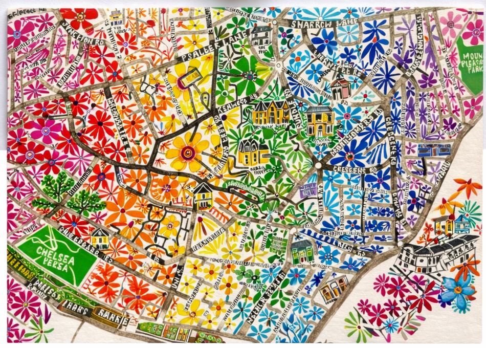 Nether Edge Sheffield map a6 hand painted greetings card