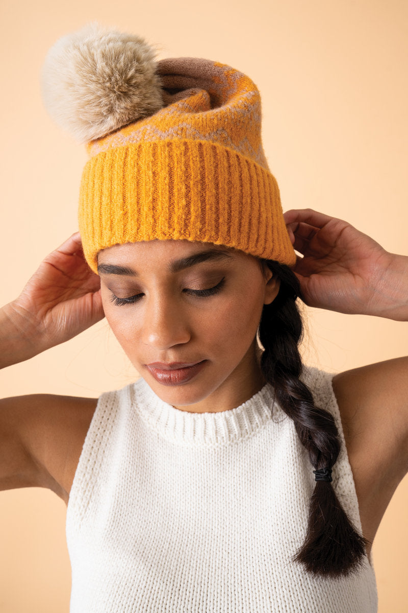 THORA Bobble Hat - Mustard and grey