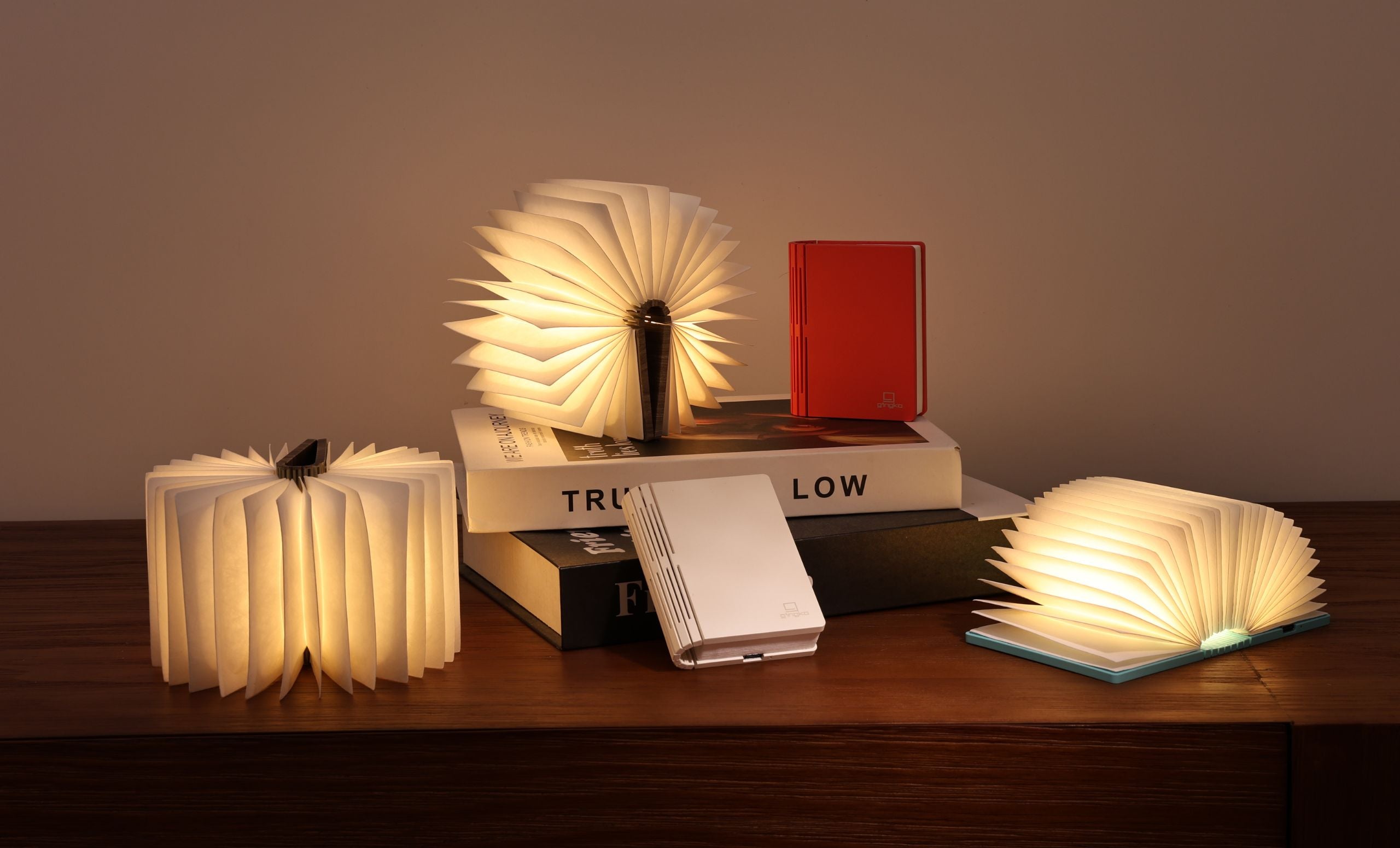 Gingko Smart Book Light family displayed on wooden shelf — various sizes open and glowing in warm white light alongside closed red and white editions