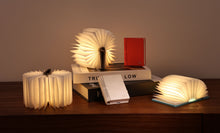 Load image into Gallery viewer, Gingko Smart Book Light family displayed on wooden shelf — various sizes open and glowing in warm white light alongside closed red and white editions

